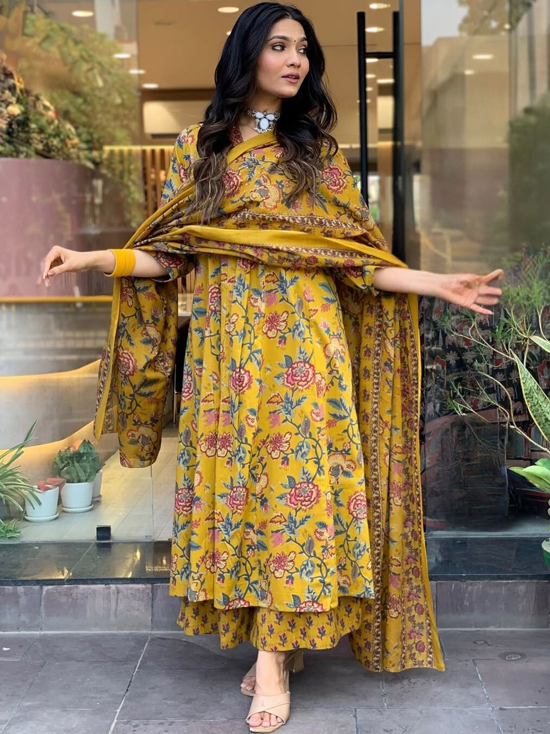 

KALINI Floral Printed Empire Pure Cotton Kurta With Palazzos & Dupatta, Yellow