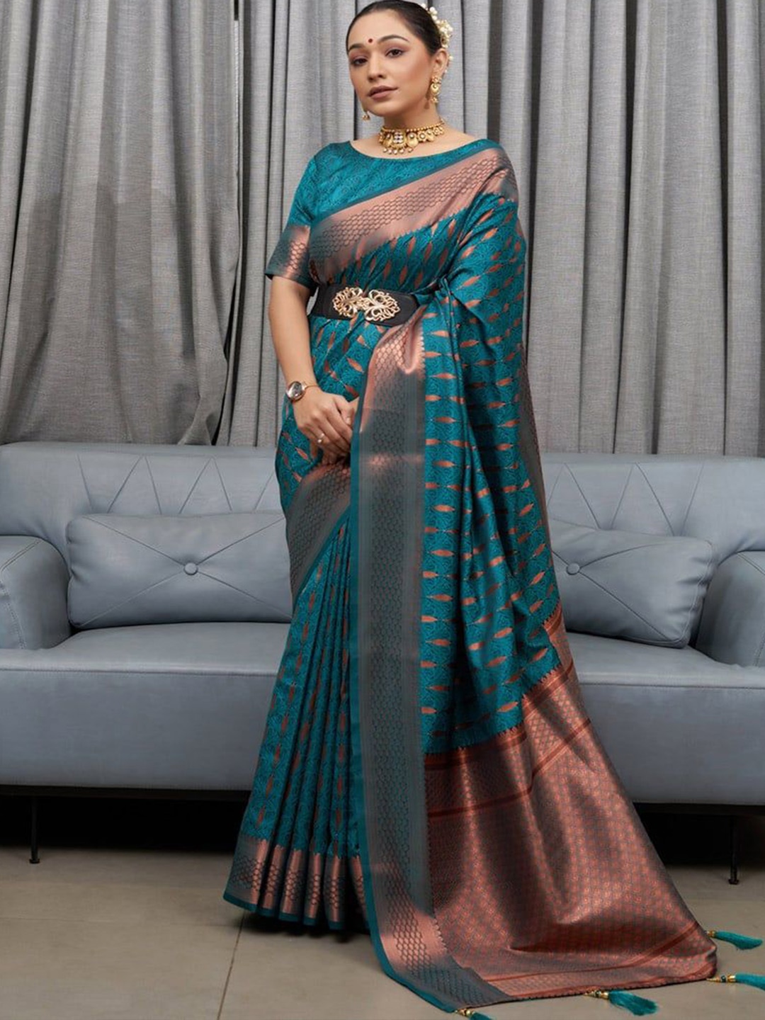 

Visit Wear Ethnic Motifs Woven Design Zari Pure Silk Banarasi Saree, Teal