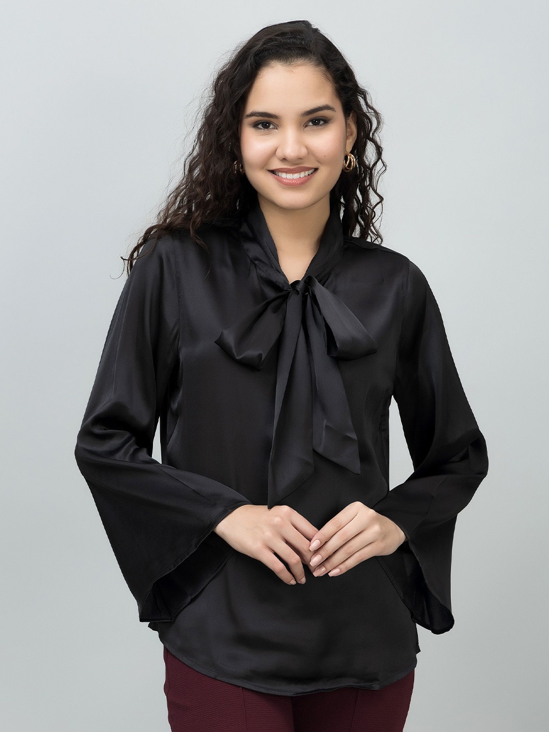 

PURYS Women Tie-Up Neck Flared Sleeve Satin Top, Black