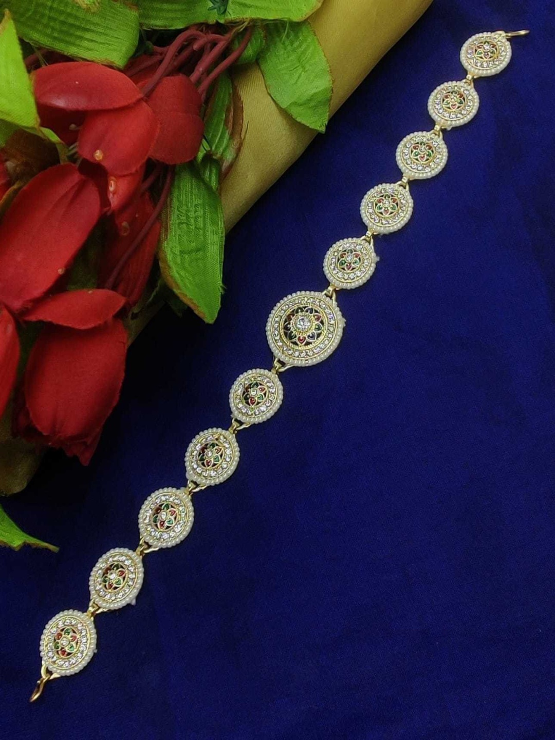 

MEIRA JEWELLERY Gold-Plated Artificial Stones Studded Matha Patti Head Jewellery