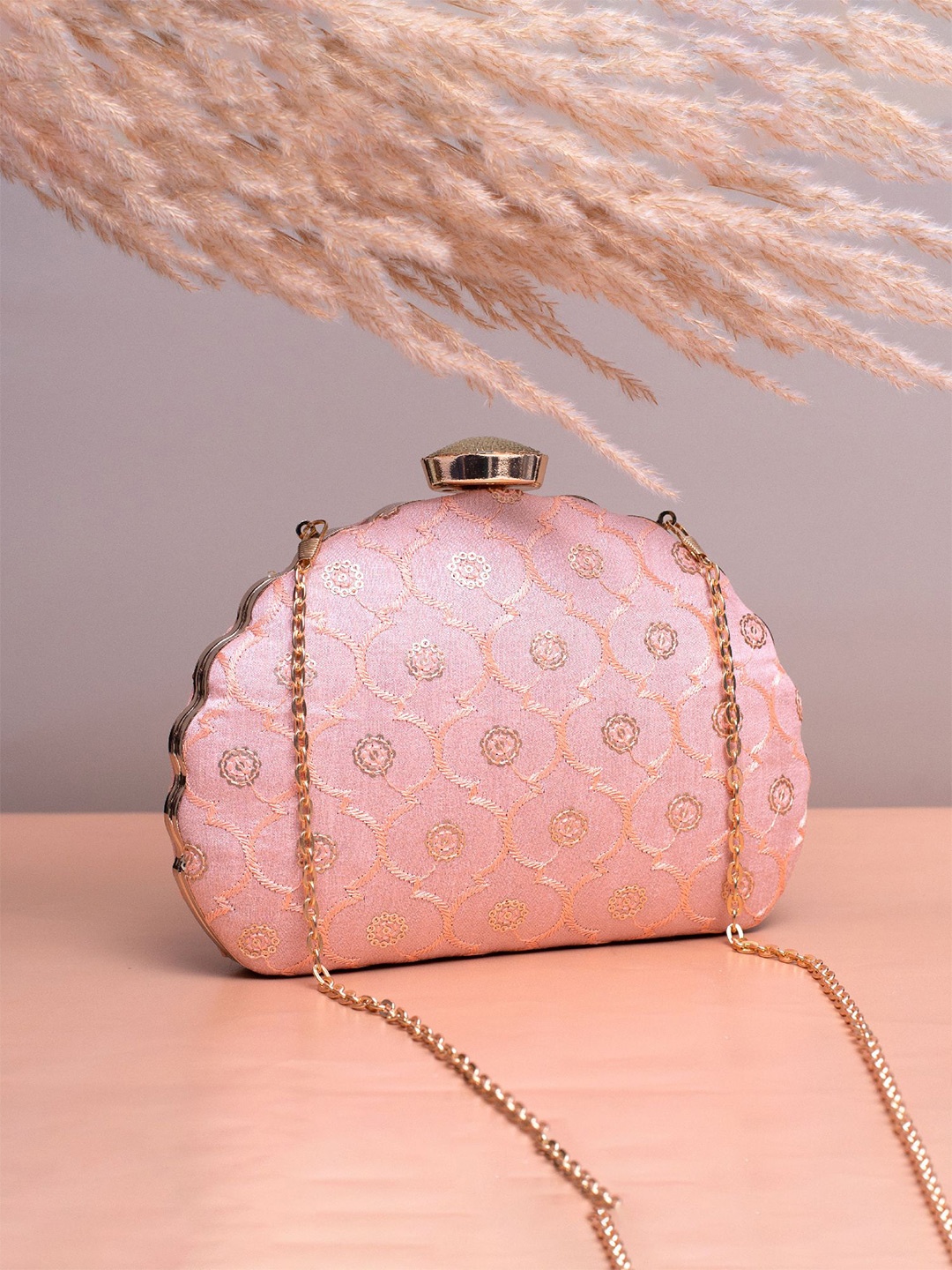 

ARTKLIM Floral Sequined Embroidered Box Clutch, Pink