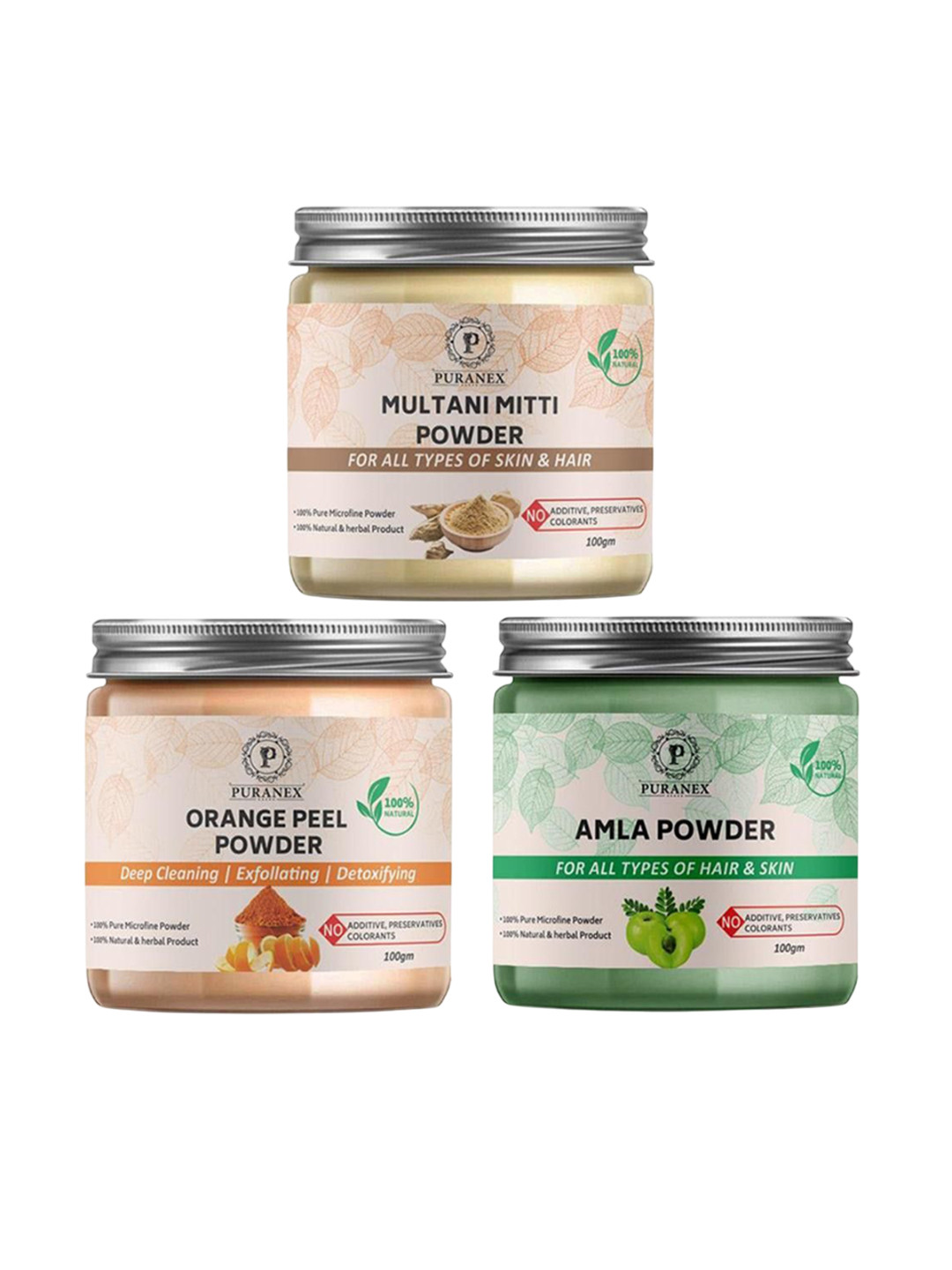 

Puranex Set Of 3 Multani Mitti- Amla & Orange Powder For Hair & Skin- 100 g Each, White