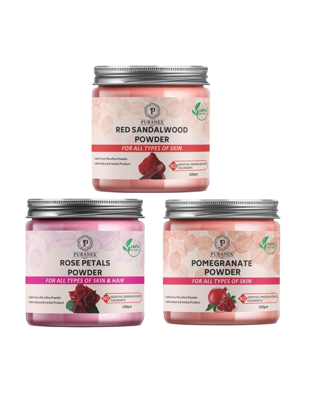 

Puranex Set Of 3 Pure Red Sandalwood - Rose Petal & Pomegranate Powder -100g Each, Pink