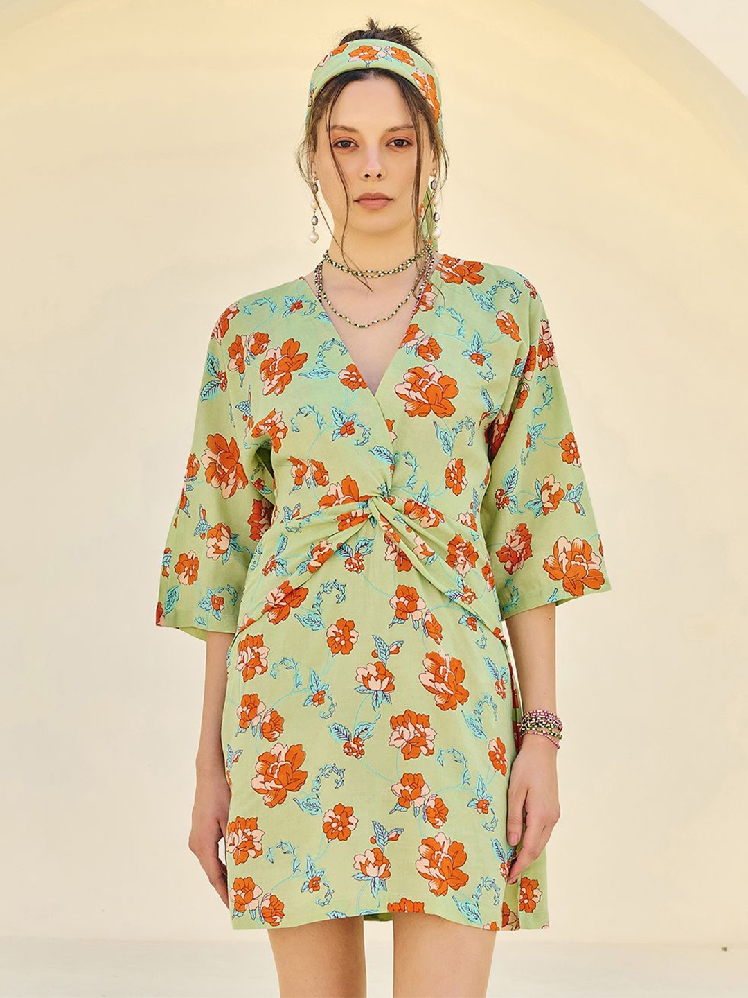 

Midsummer Women Floral Printed A-Line Dress, Green