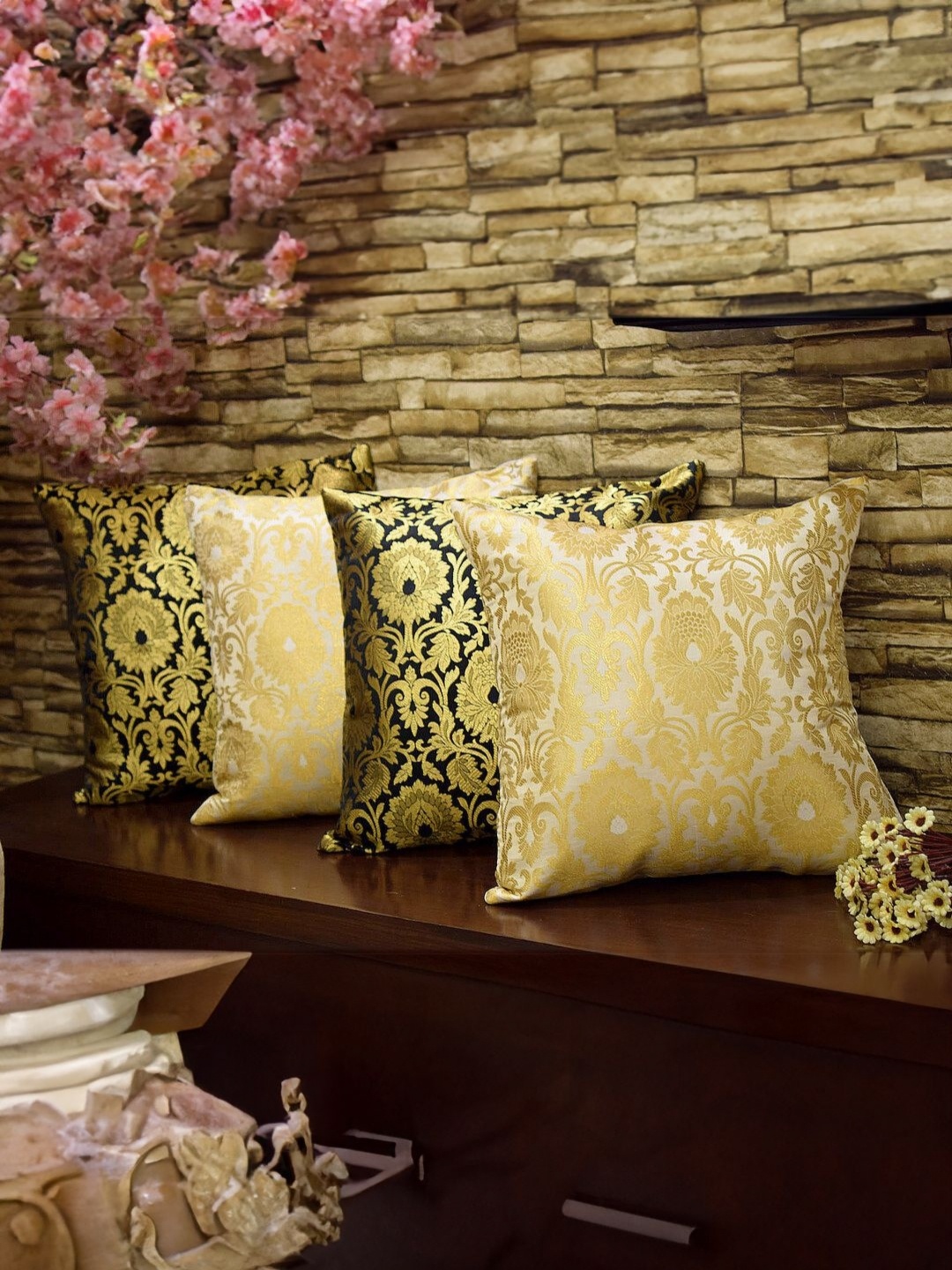 

RoyalDeco White & Black 4 Pieces Ethnic Motifs Square Cushion Covers