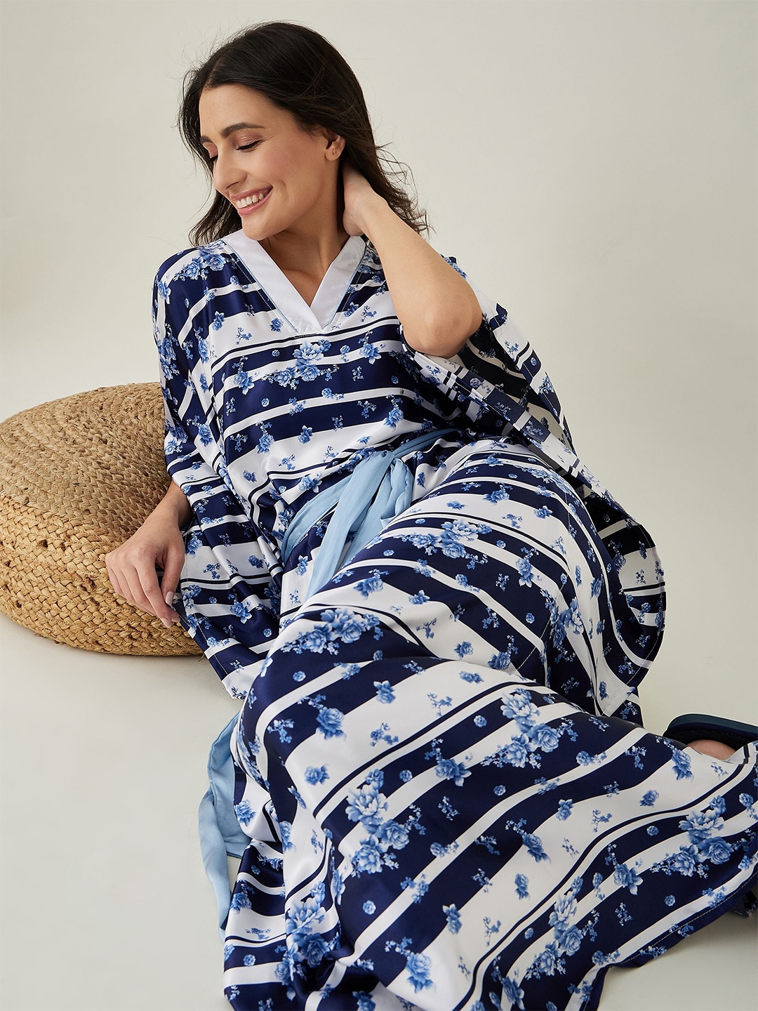 

The Kaftan Company Women V-Neck Printed Maxi Kaftan Nightdress, White