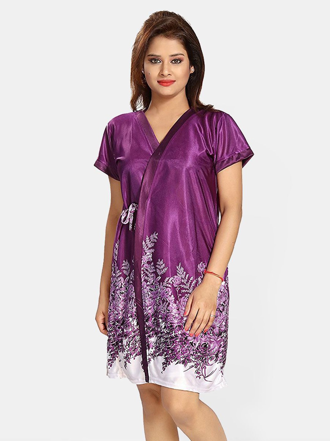 

Be You Satin Floral Printed Nightwear Set, Purple