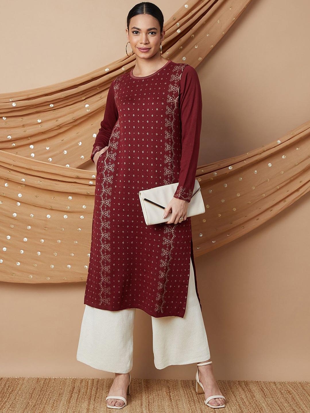 

Melange by Lifestyle Floral Woven Design Round Neck Long Sleeves Straight Kurta, Maroon