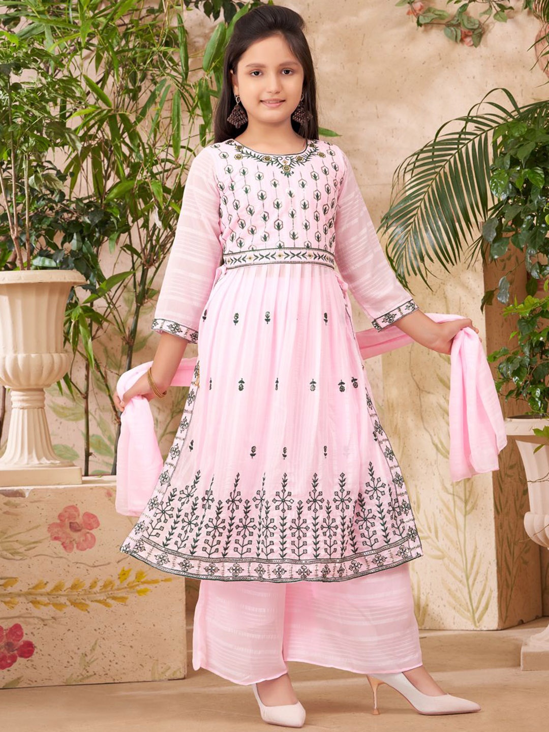 

Sangria Girls Floral Embroidered A Line Kurti & Sharara With Dupatta, Pink