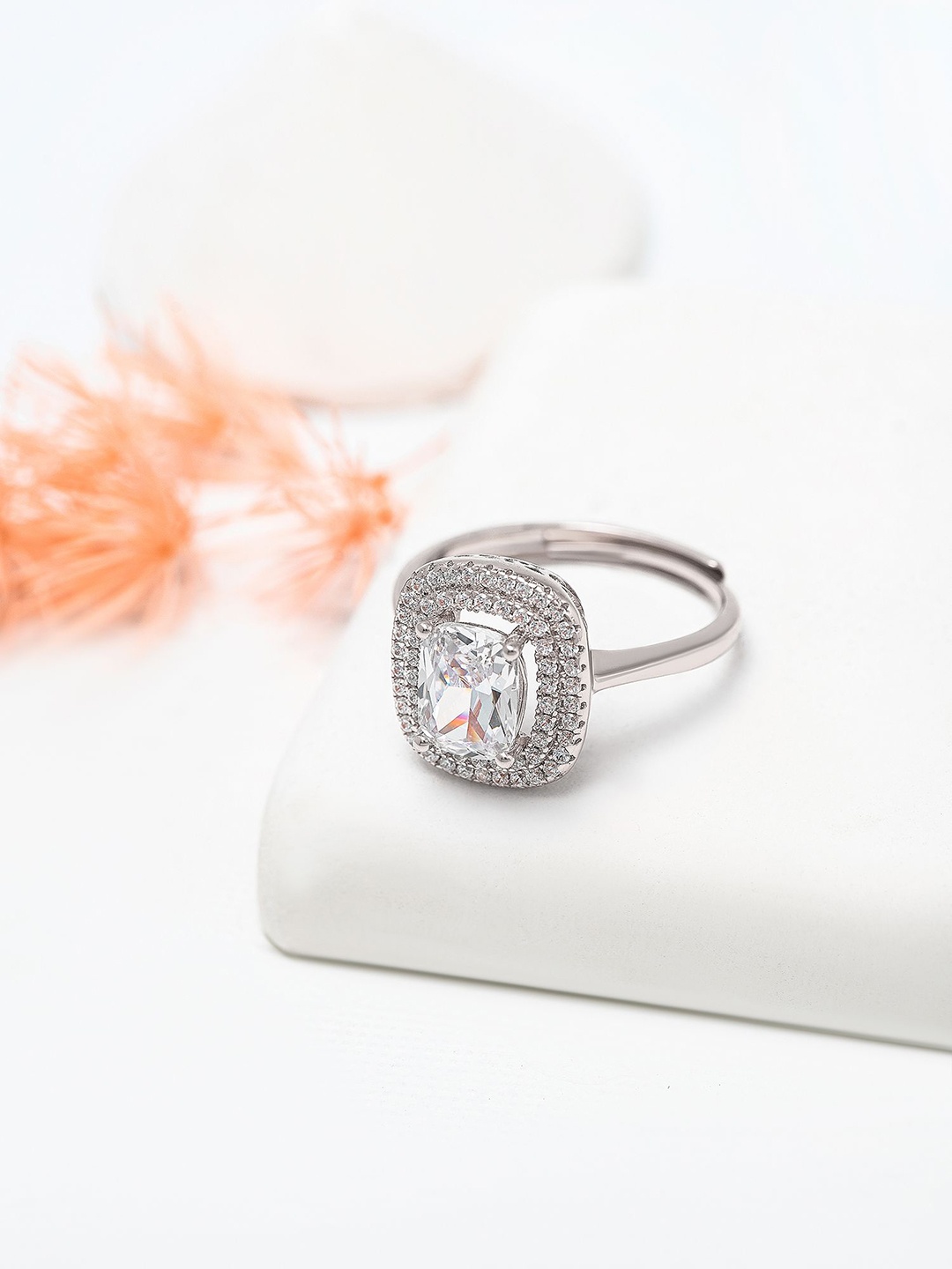 

SILBERRY 92.5 Sterling Silver Rhodium-Plated CZ Stone Studded Sparkle Finger Ring