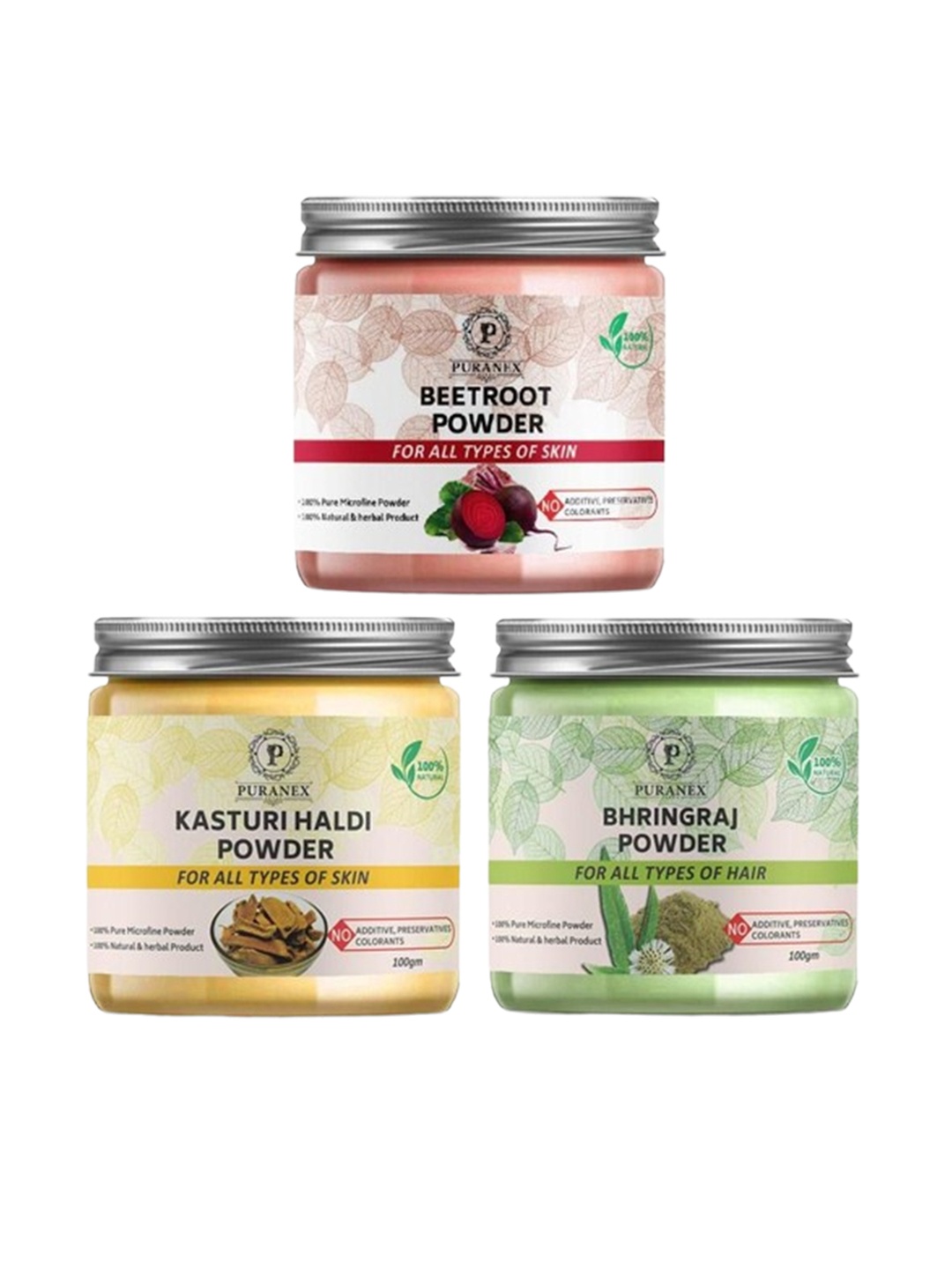 

Puranex Set Of 3 Beetroot, Kasturi Haldi & Bhringraj Skin & Hair Powder-100 g Each, White