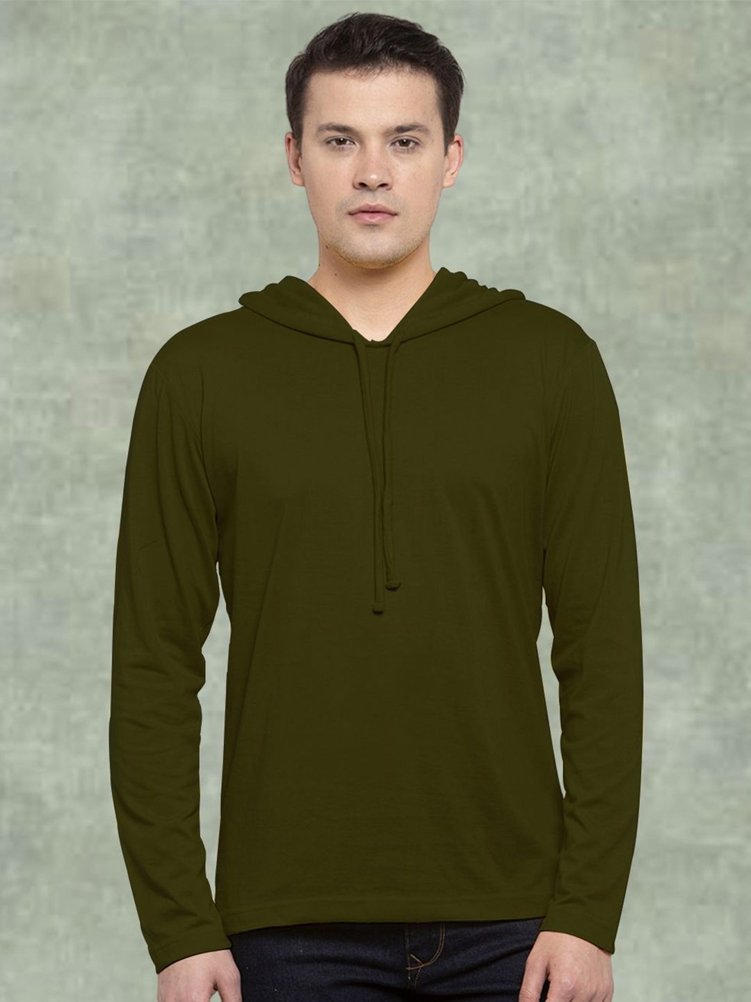 

Friskers Men Olive Cotton Solid Hoodie T-shirt