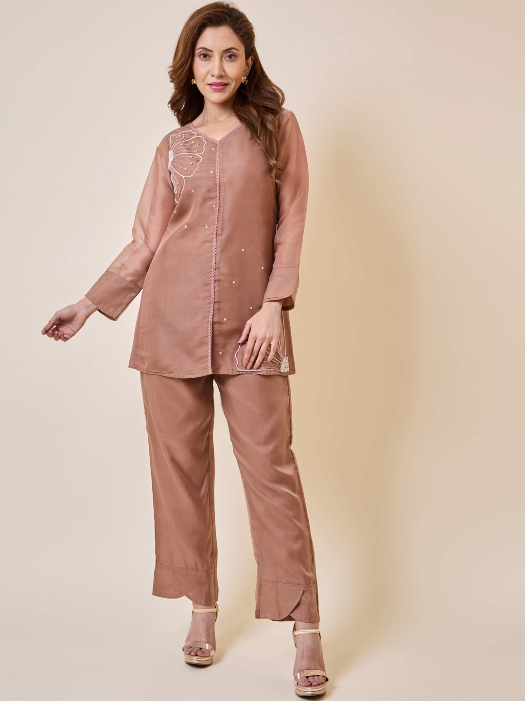

Peachmode Floral Embroidered V-Neck Long Sleeves Organza Top with Trouser, Brown