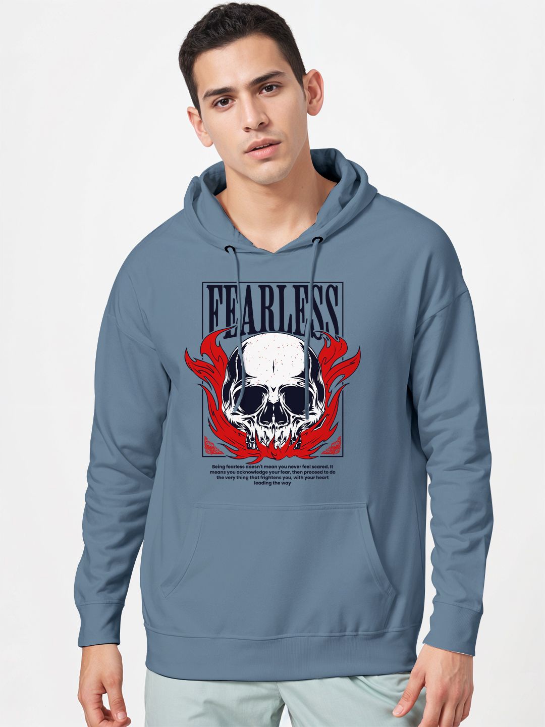 

Crazymonk Printed Anime Fearless Oversized Fit Hooded Sweatshirt, Blue