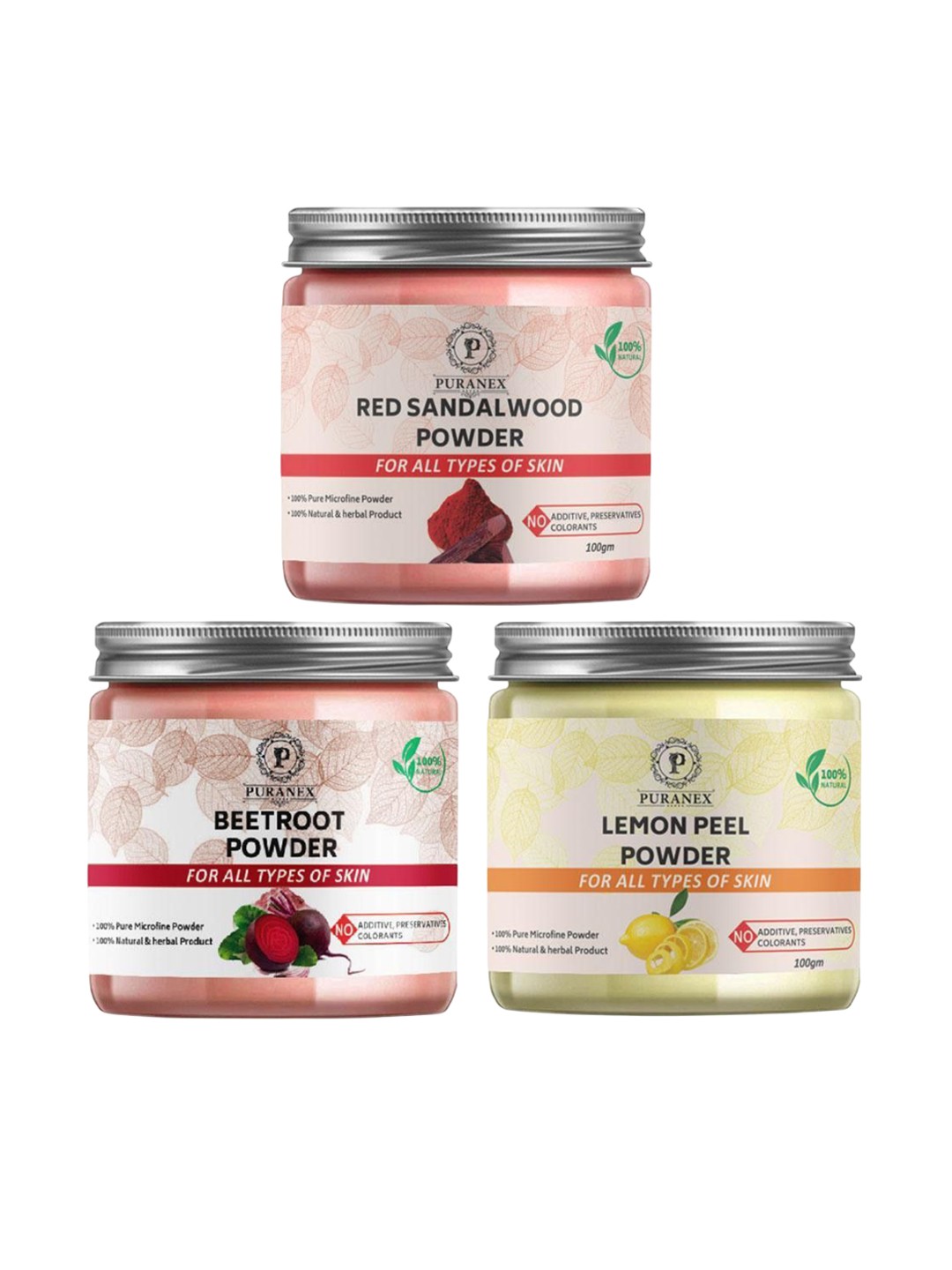 

Puranex Set Of 3 Red Sandalwood, Beetroot & Lemon Peel Face Pack Powder - 100 g Each, White