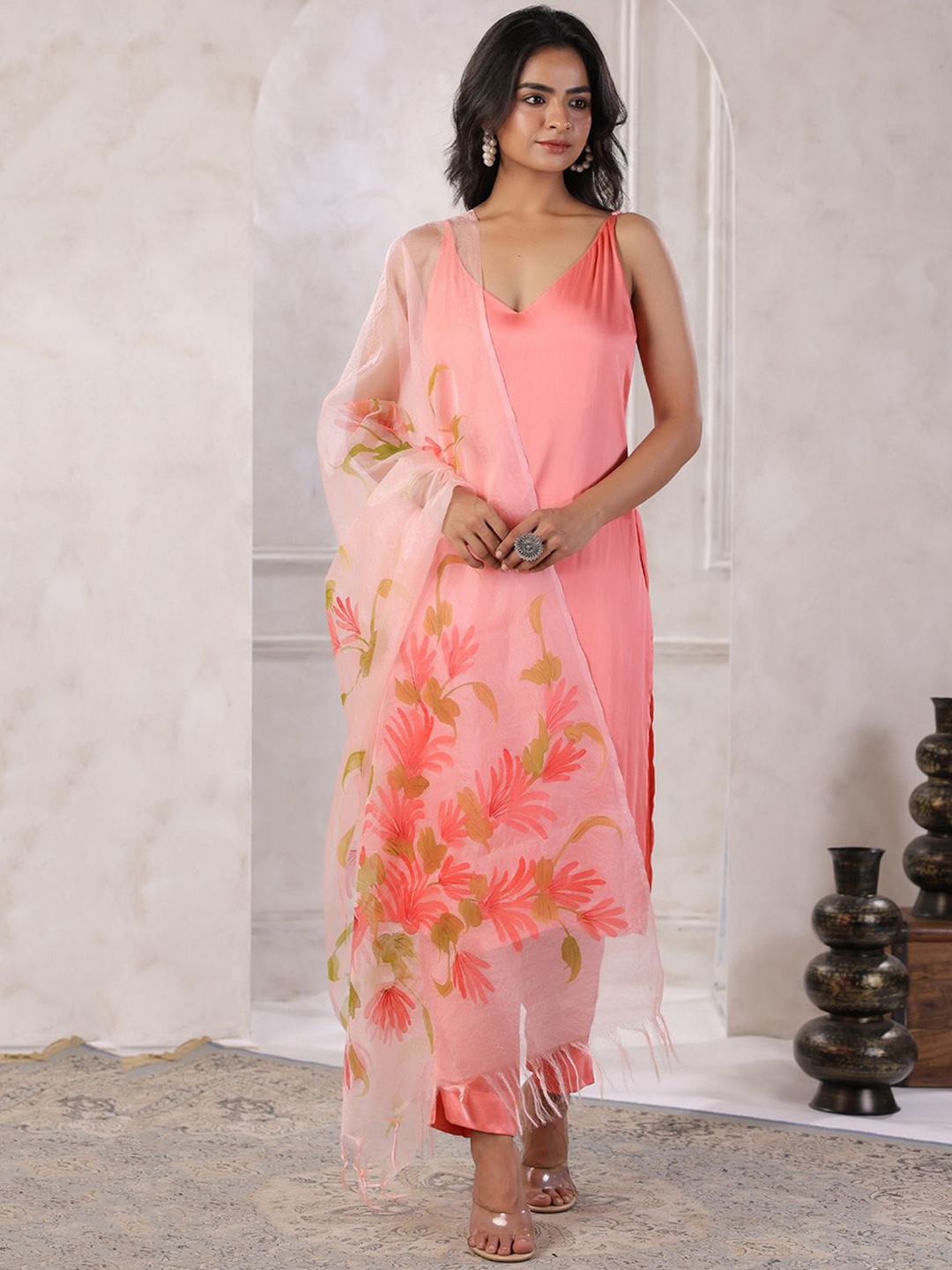 

Geroo Luxe V-Neck Satin Straight Kurta With Trousers & Dupatta, Peach