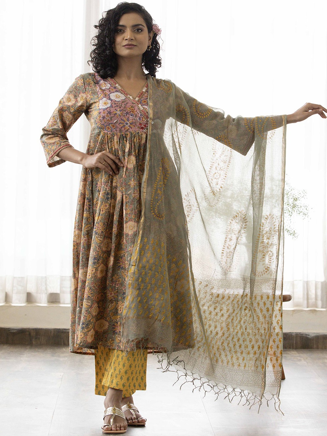 

Maitri Jaipur Floral Printed Pleated Pure Cotton A-Line Kurta with Trouser & Dupatta, Green
