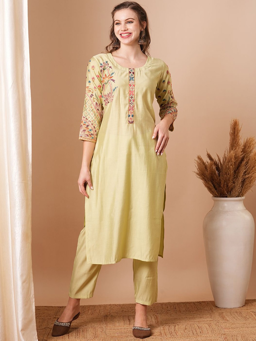 

FASHOR Green Floral Embroidered Round Neck Three-Quarter Sleeves Top With Trouser