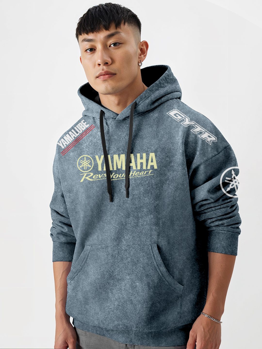 

Crazymonk Men Cotton Printed Hooded Sweatshirt, Steel
