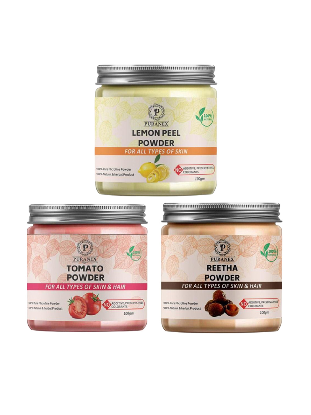 

Puranex Set Of 3 Natural Lemon Peel - Tomato & Reetha Powder For Skin & Hair - 100 g Each, Yellow