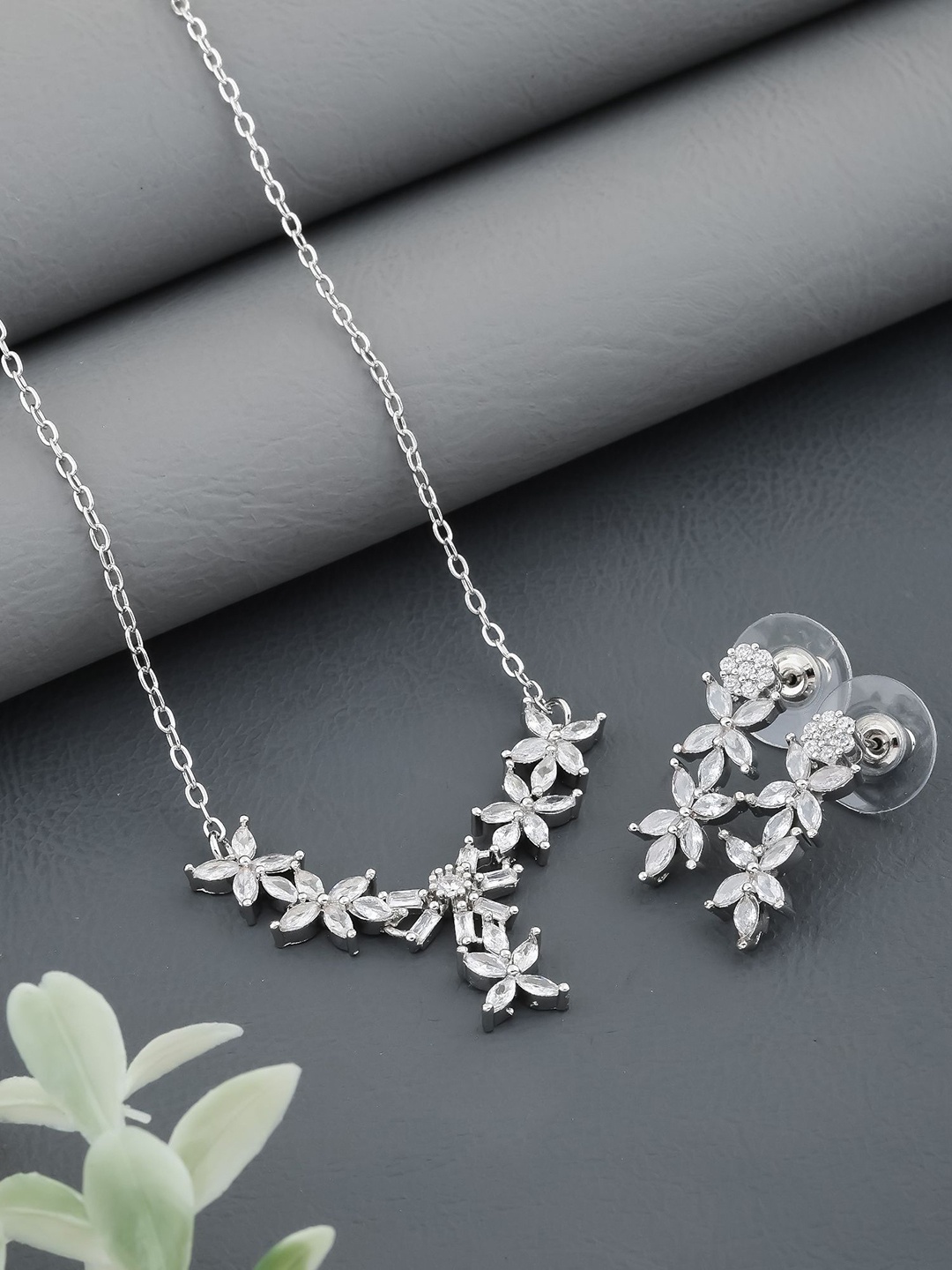 

SKY SHOPPERS Silver-Plated CZ Stone-Studded Jewellery Set