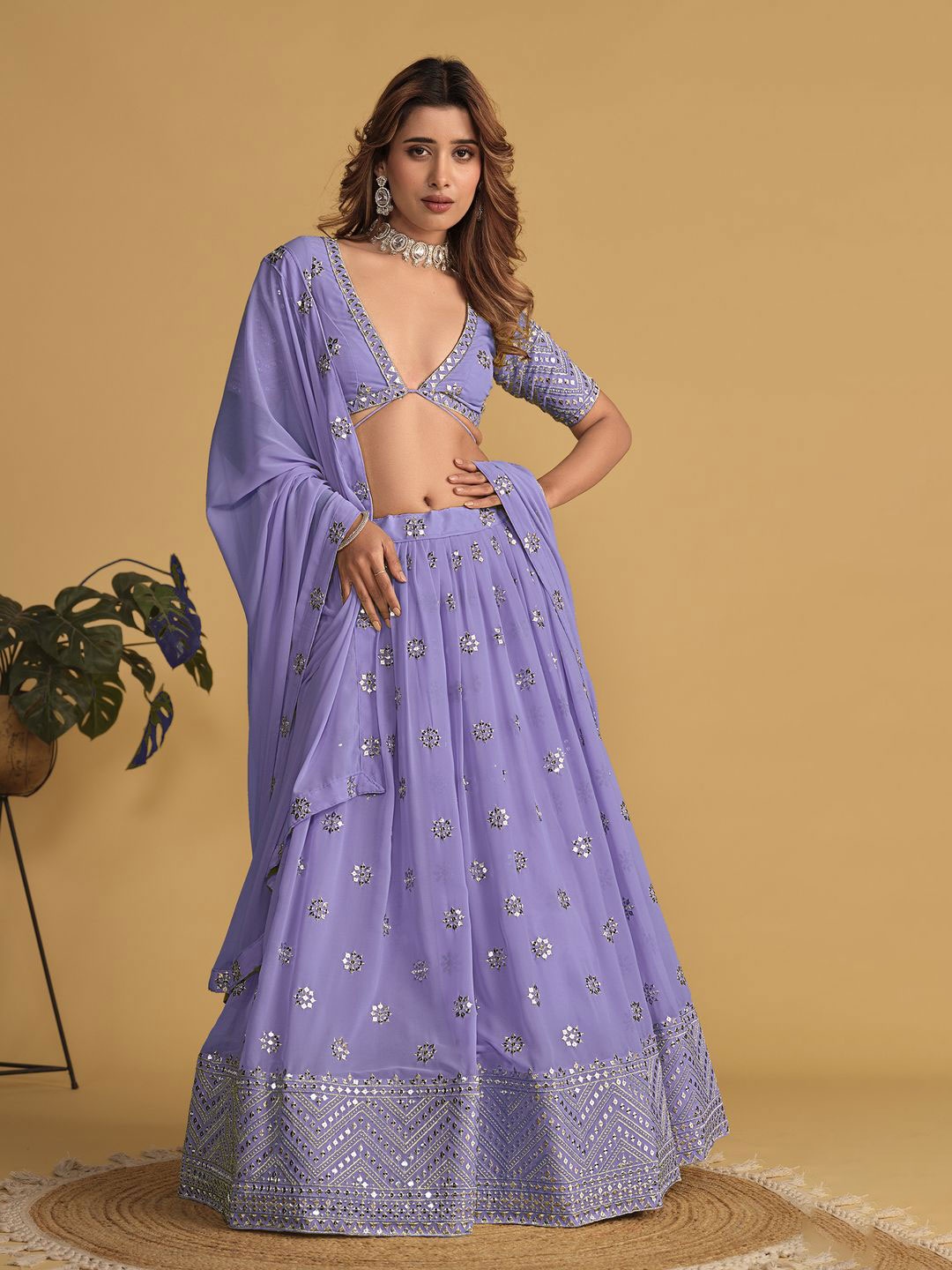 

Ethnic Yard Embroidered Sequinned Semi-Stitched Lehenga & Unstitched Blouse With Dupatta, Purple