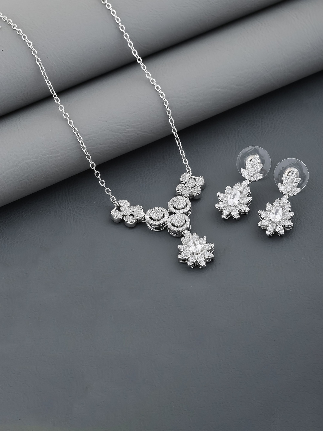 

SKY SHOPPERS Silver-Plated CZ-Stone Stone-Studded Jewellery Set