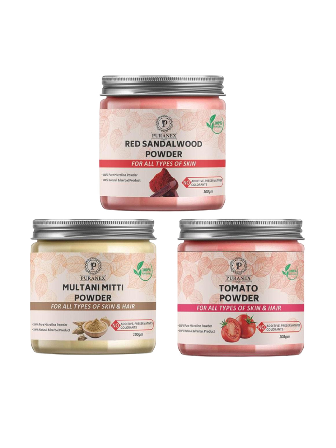 

Puranex Set Of 3 Red Sandalwood, Multani Mitti & Tomato Skin & Hair Powder - 100 g Each, White