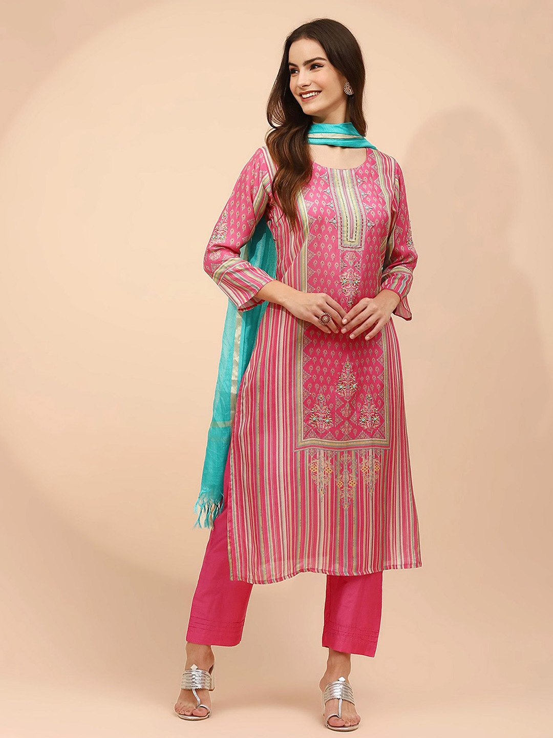 

Me&I Round Neck Floral Printed Straight Kurta with Trouser & Dupatta, Pink