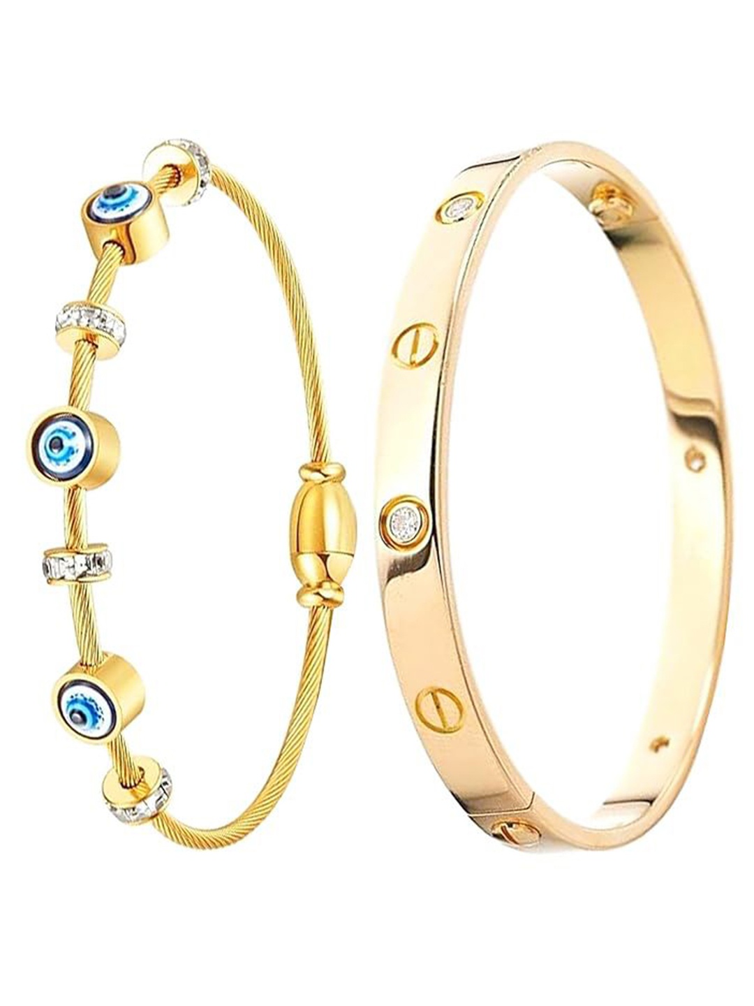 

DIVASTRI Set Of 2 Stainless Steel Gold-Plated American Diamond Studded Kada Bracelets