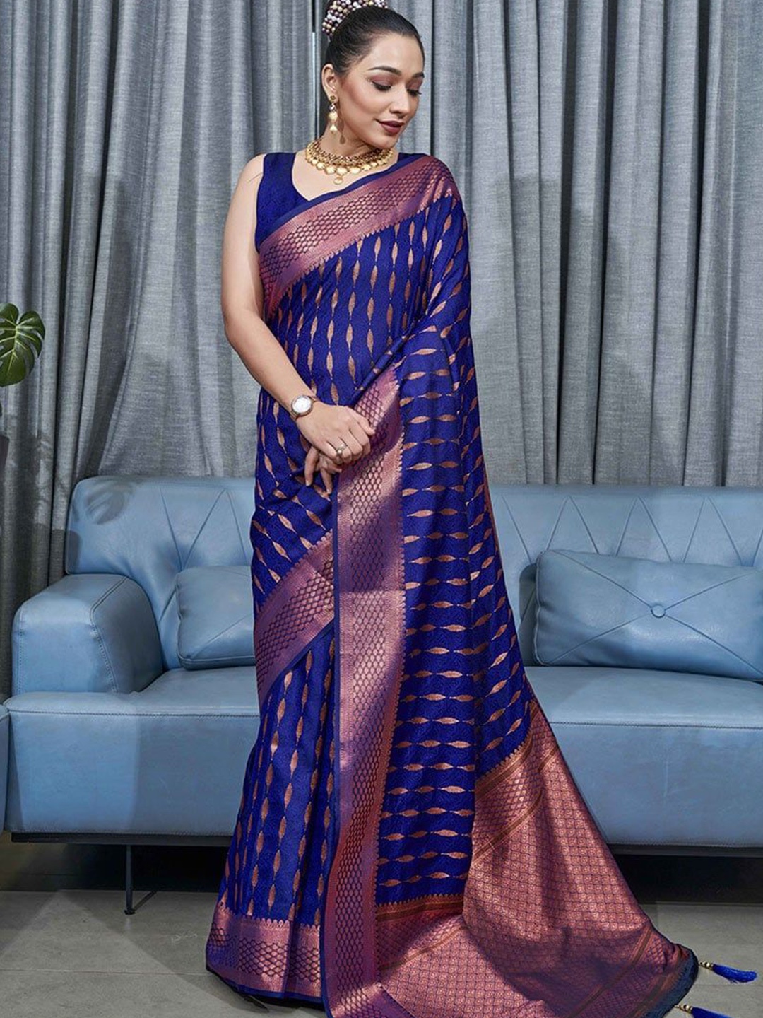 

Fashion Booms Woven Design Zari Pure Silk Banarasi Saree, Blue
