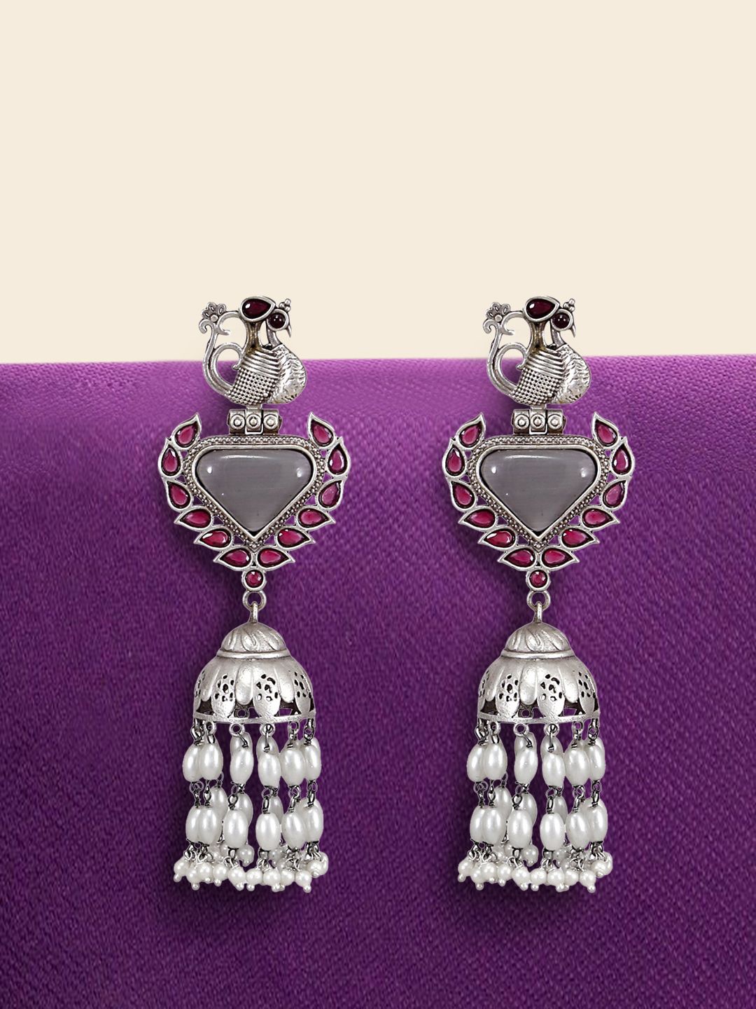 

Yinara Silver Plated Contemporary Stone Studded & Pearl Beaded Oxidised Jhumkas