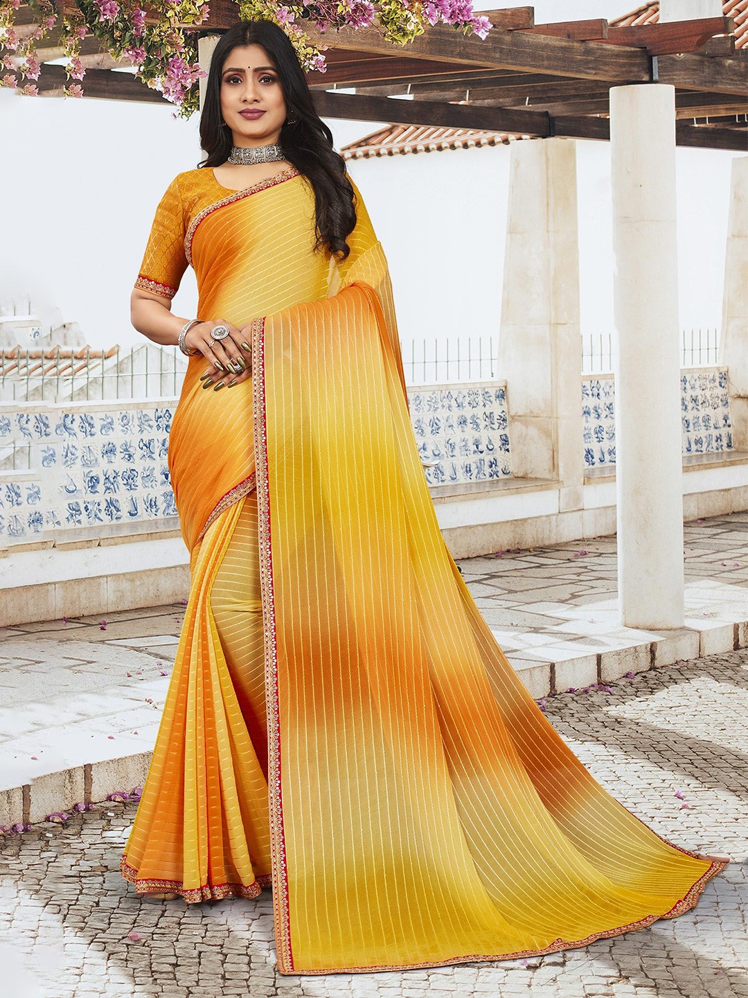 

Laxmipati Striped Embroidered Saree, Yellow