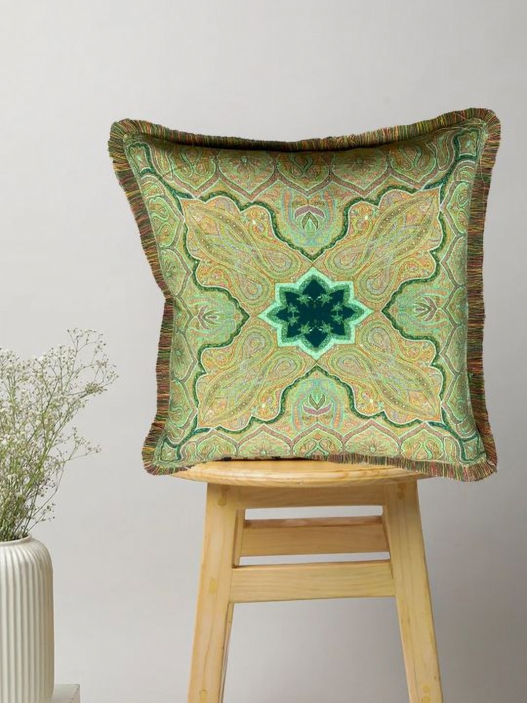 

SAJAVAT Green & Yellow Ethnic Motifs Cotton Square Cushion Cover