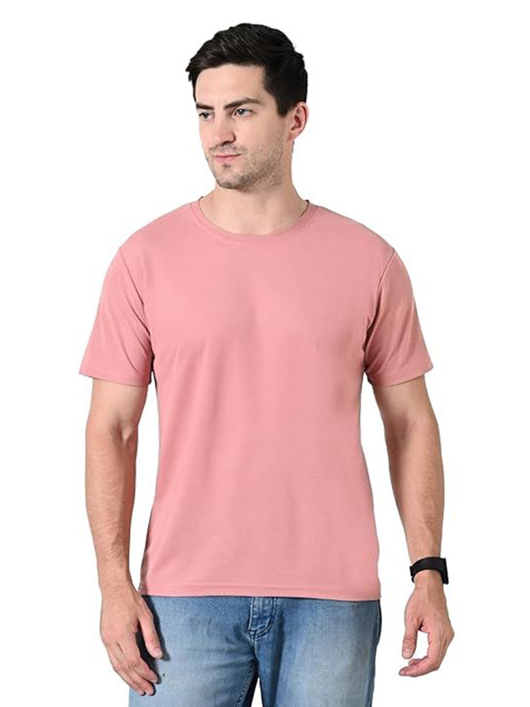 

OWL MINK Men Round Neck Solid T-shirt, Peach