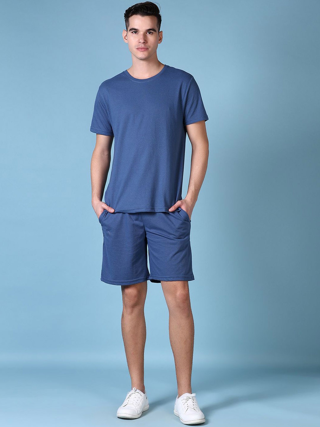 

V-Mart Self Design Round Neck Short Sleeves Pure Cotton T-Shirt With Shorts, Blue