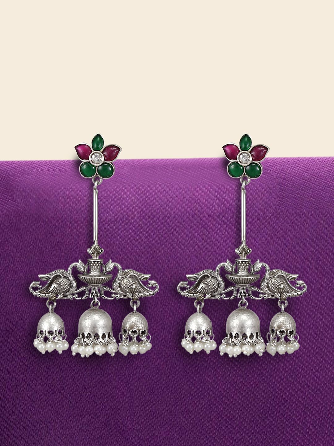 

Yinara Silver-Plated Oxidised Stone Studded & Beaded Dome Shaped Jhumkas