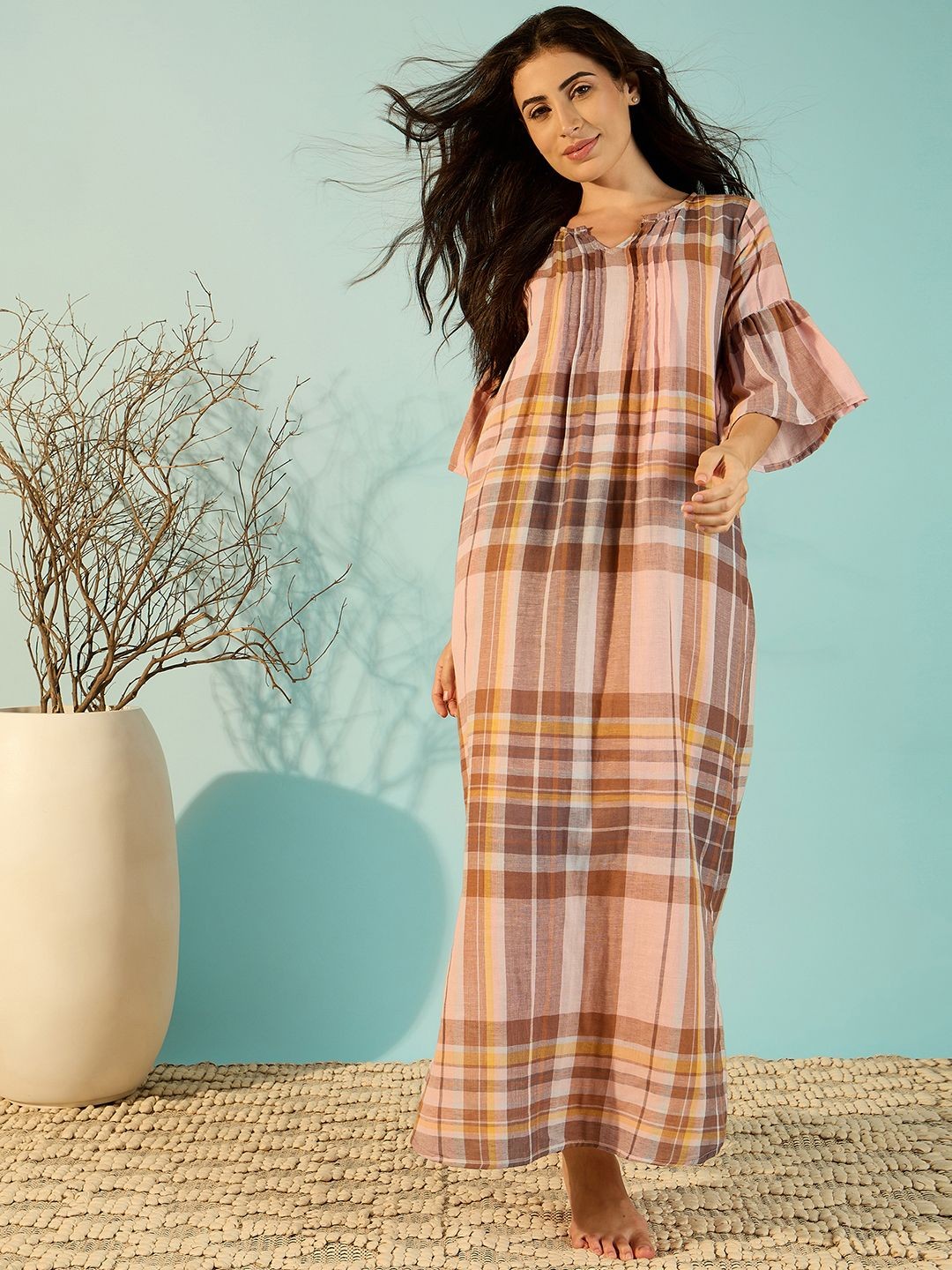 

The Kaftan Company Women Striped Pure Cotton Maxi Nightdress, Peach