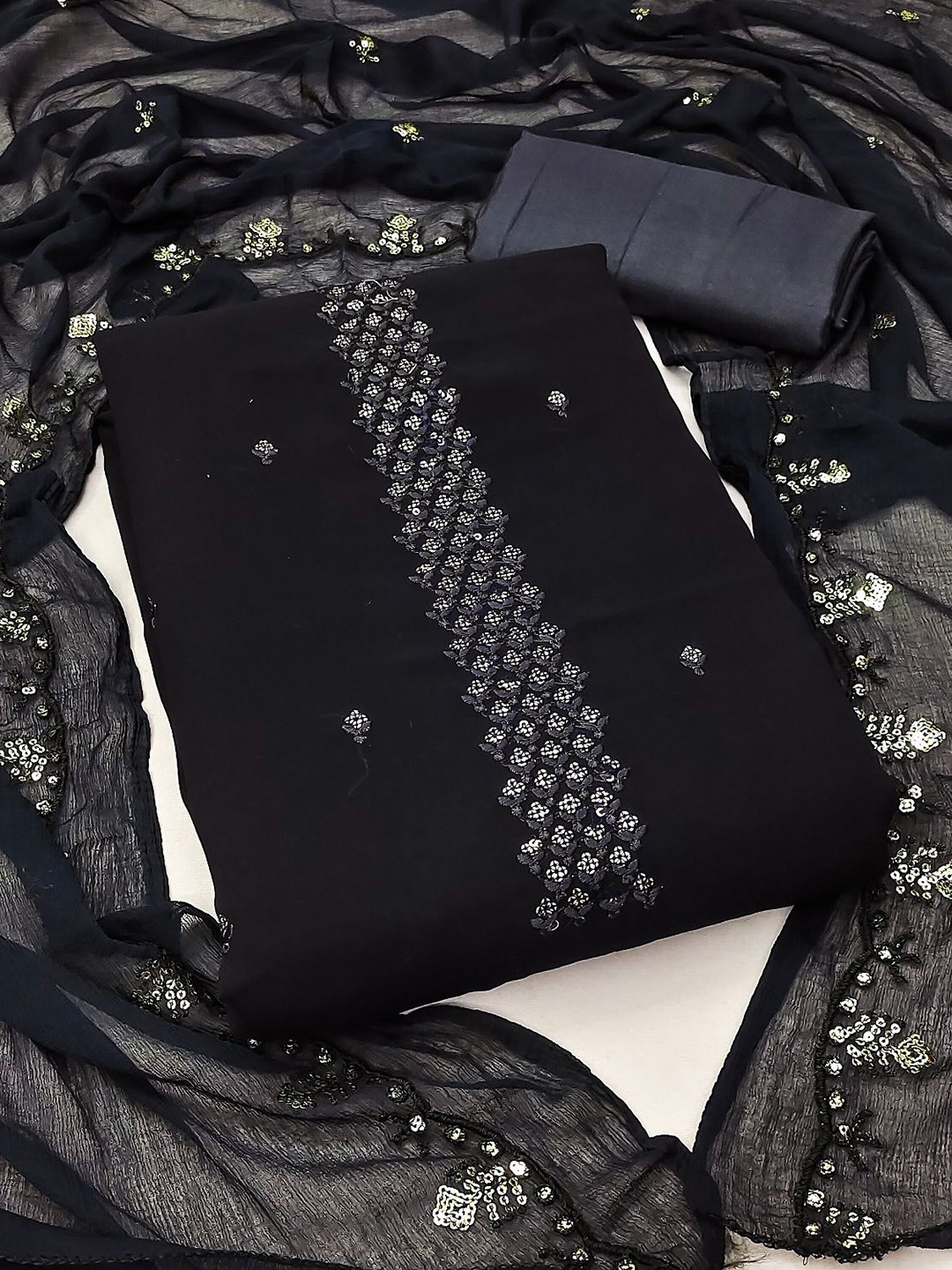 

Aika Embroidered Sequinned Silk Georgette Unstitched Dress Material, Black