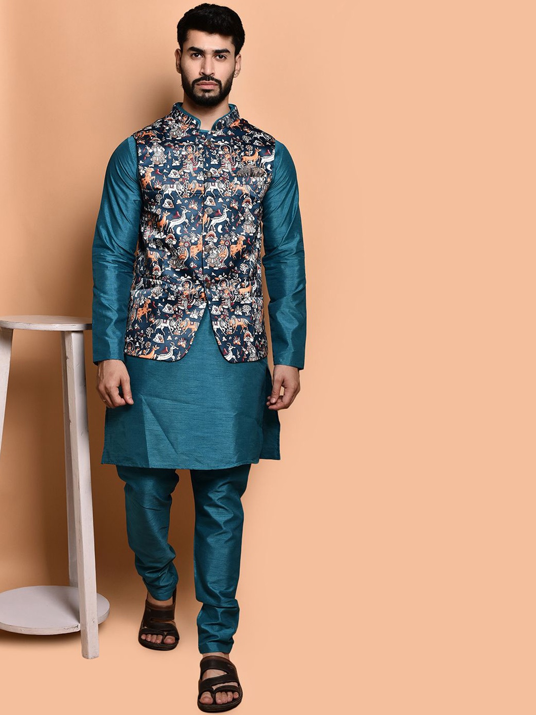 

PRINTINDIA Mandarin Collar Pure Silk Straight Kurta with Trousers & Nehru Jacket, Teal