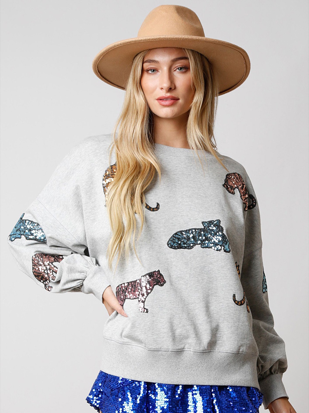 

LULU & SKY Women Embroidered Round Neck Sweatshirt, Grey