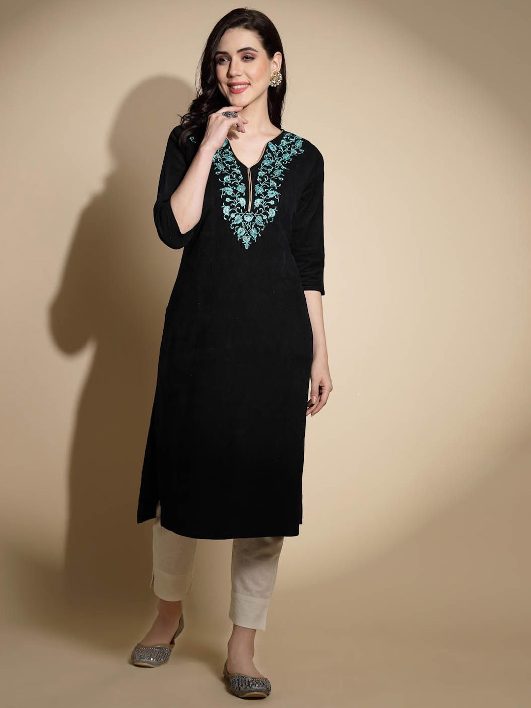 

Me&I V-Neck Floral Embroidered Thread Work Straight Kurta, Black