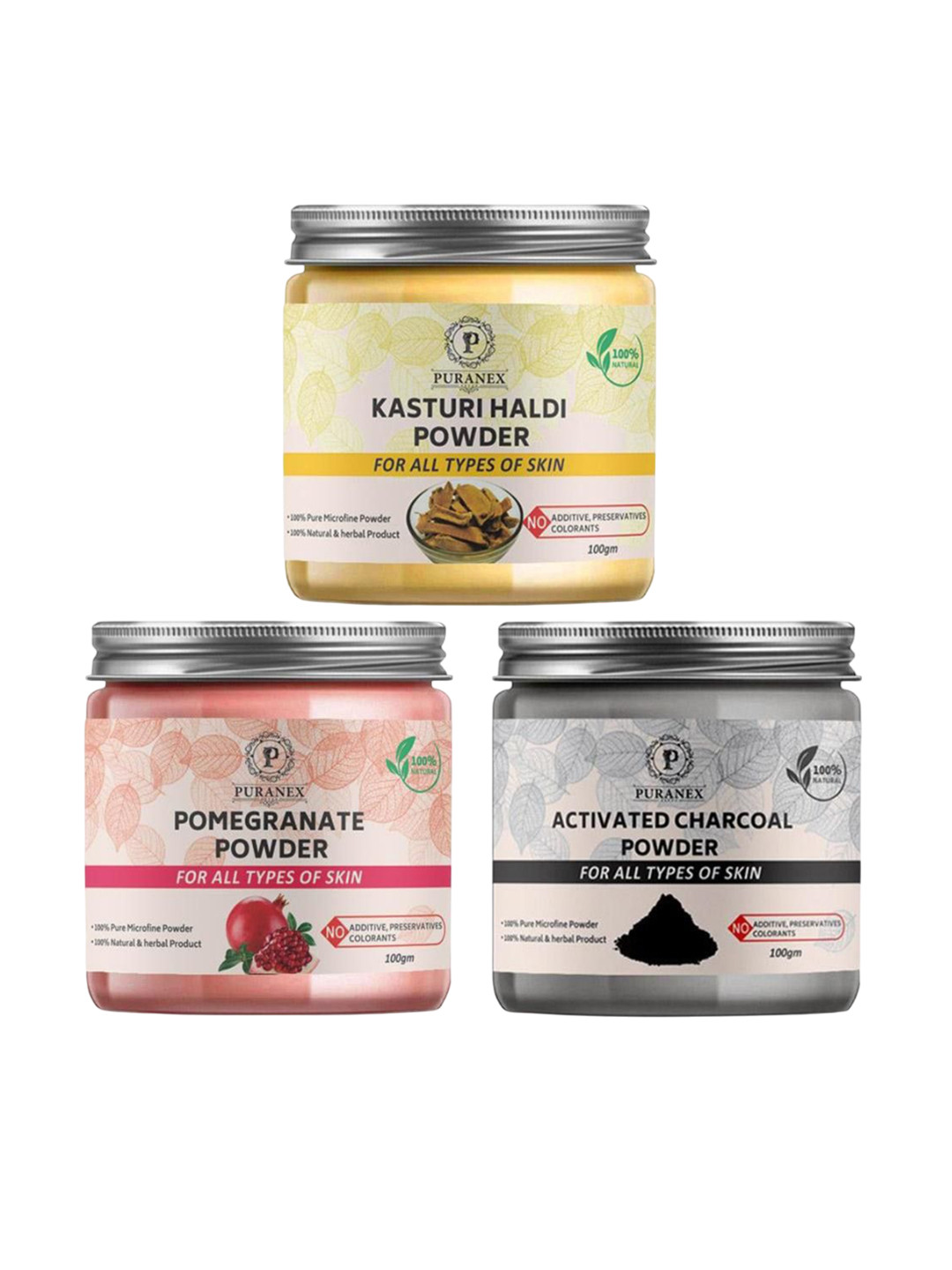 

Puranex Set Of 3 Kasturi Haldi, Pomegranate & Activated Charcoal Face Powder- 100g Each, White