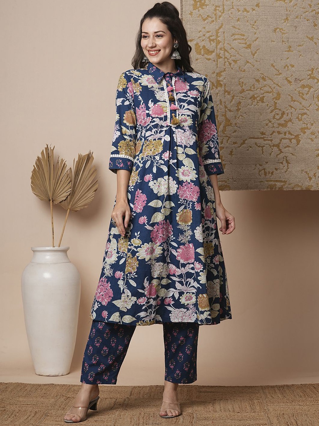 

FASHOR Floral Printed Pure Cotton Panelled A-Line Kurta With Trouser, Blue
