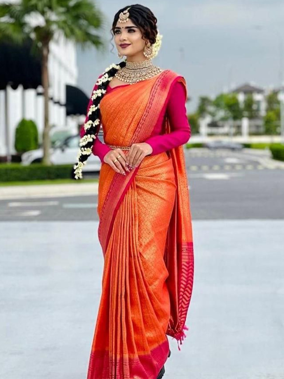 

Visit Wear Woven Design Zari Pure Silk Banarasi Saree, Orange