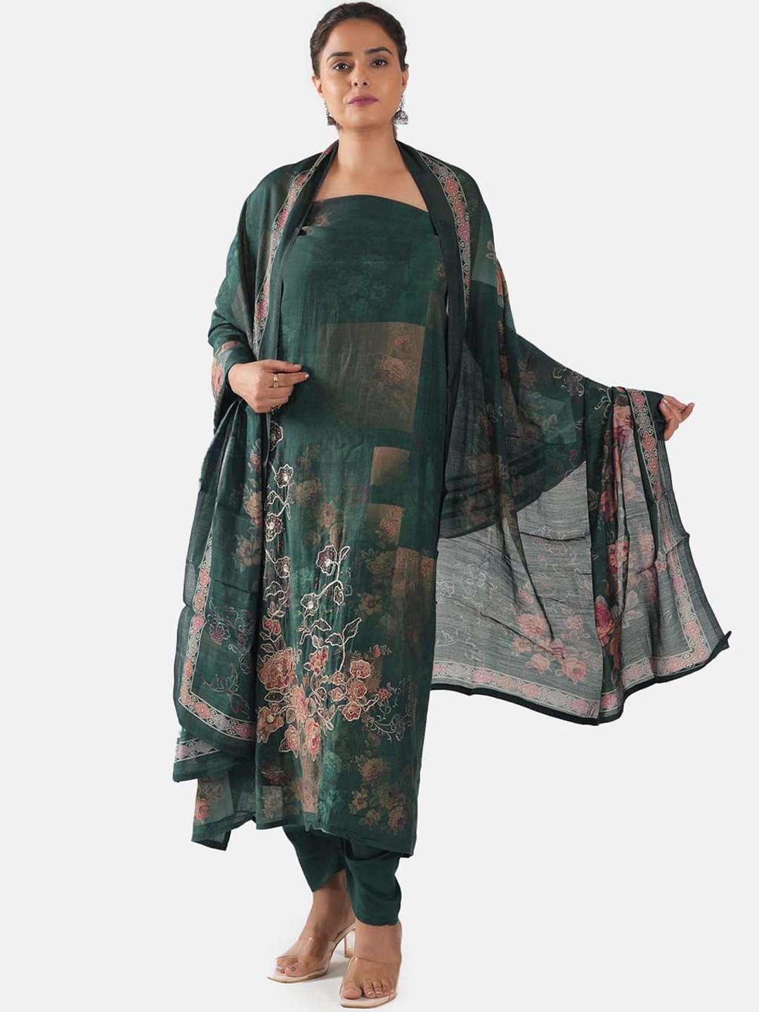 

MOZAFIA Floral Embroidered Pure Silk Unstitched Dress Material, Green