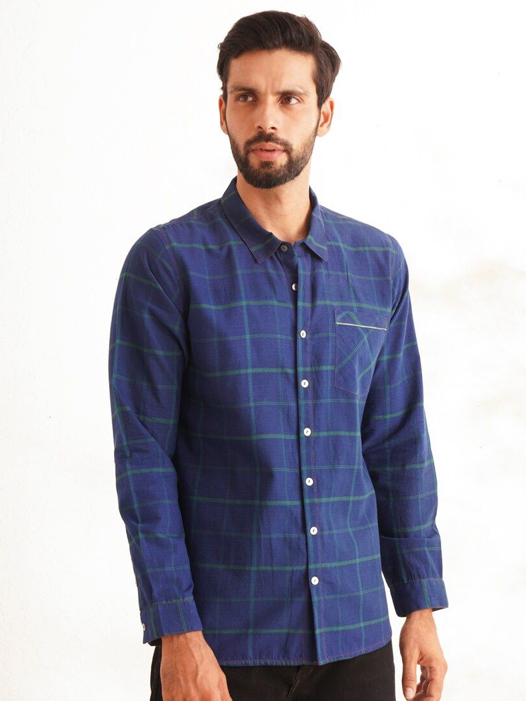 

JAYPORE Men Standard Checked Casual Pure Cotton Shirt, Blue