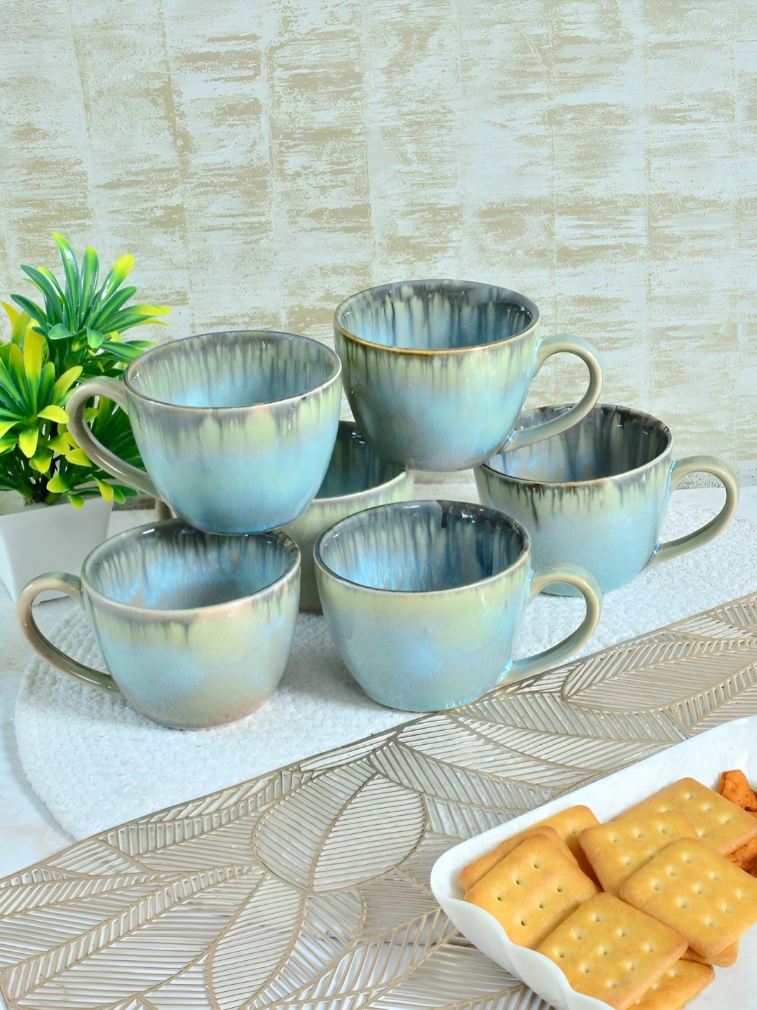 

FABINALIV Turquoise Blue & Grey Printed Ceramic Cups 200ml