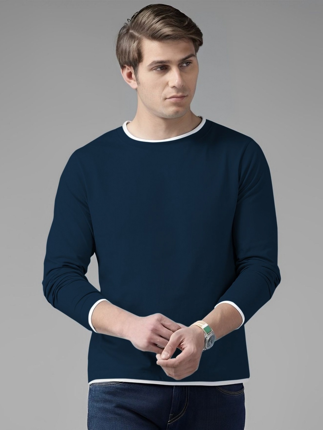 

AUSK Men Solid Long Sleeves Round Neck Cotton Casual T-shirt, Teal