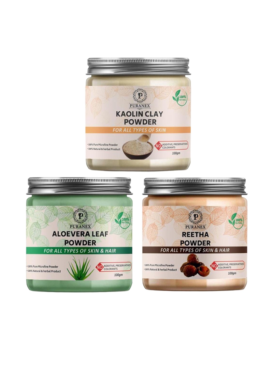 

Puranex Set Of 3 Kaolin Clay - Aloevera Leaf & Reetha Powder For Skin & Hair- 100 g Each, White